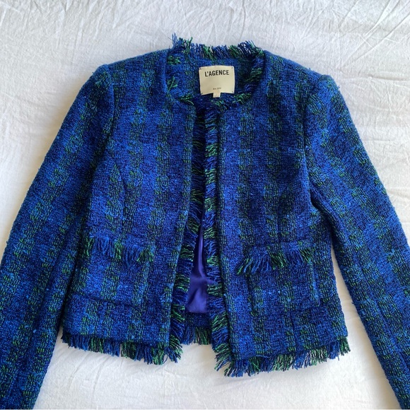 L’agence Angelina Tweed Open Front Pocket Blazer Suit Jacket Blue - Picture 3 of 6